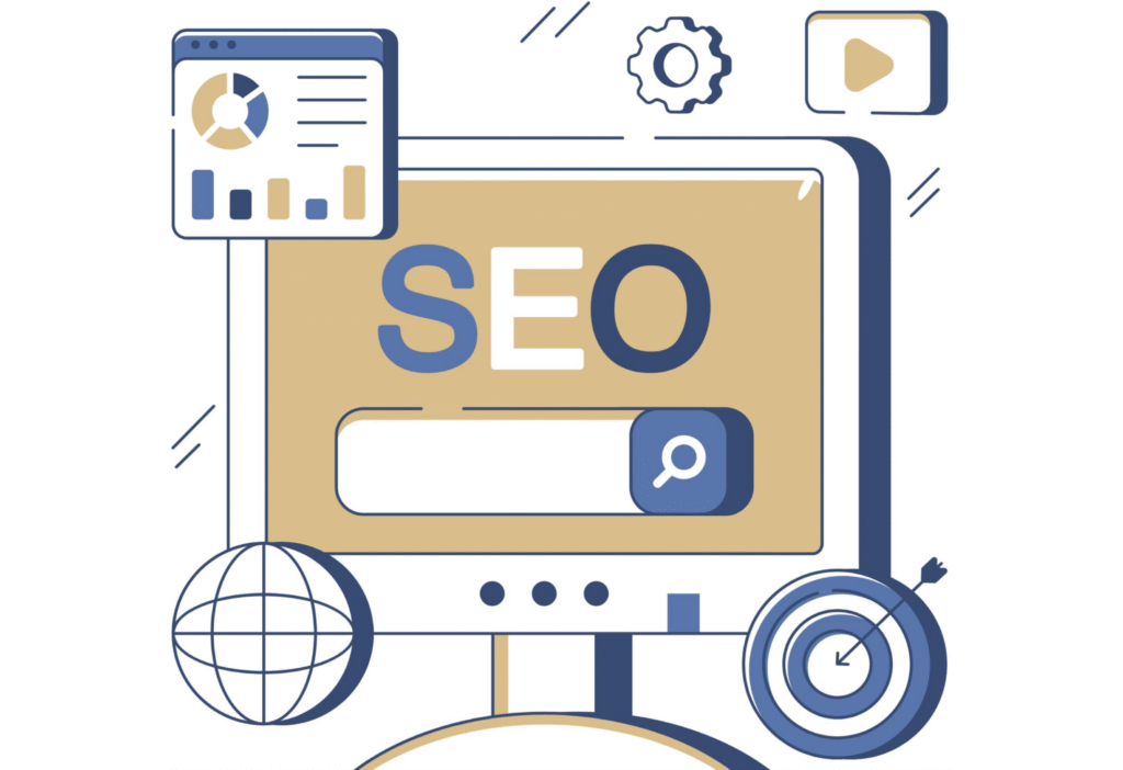 illustratie van SEO optimalisatie elementen en computer